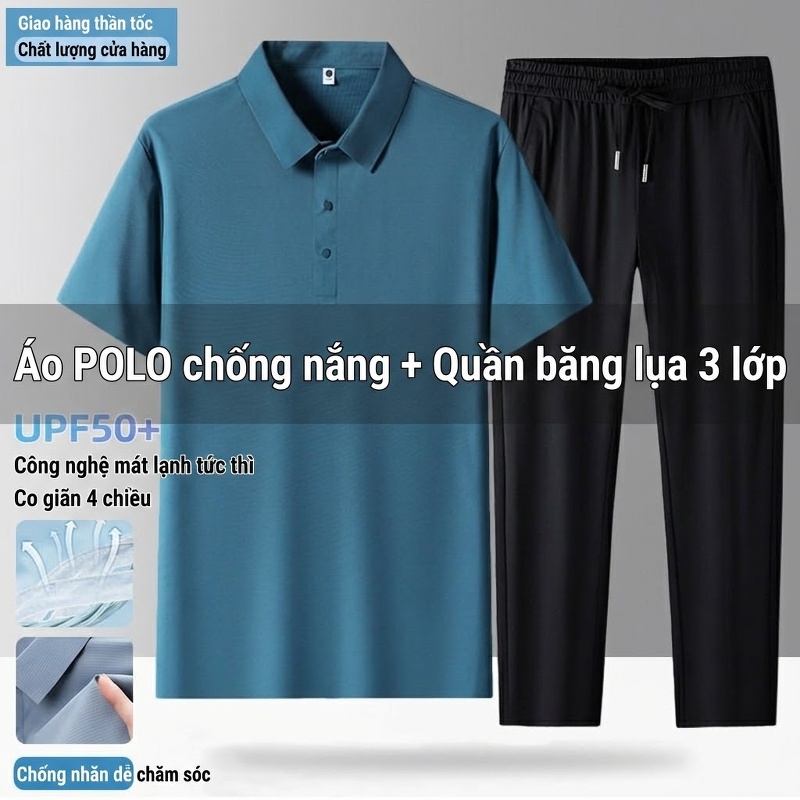 Bộ Quần Áo Nam Mùa Hè Áo Polo Tay Ngắn Quần Dài Chất Liệu Thoáng Mát Màu Xanh, Be, Đen