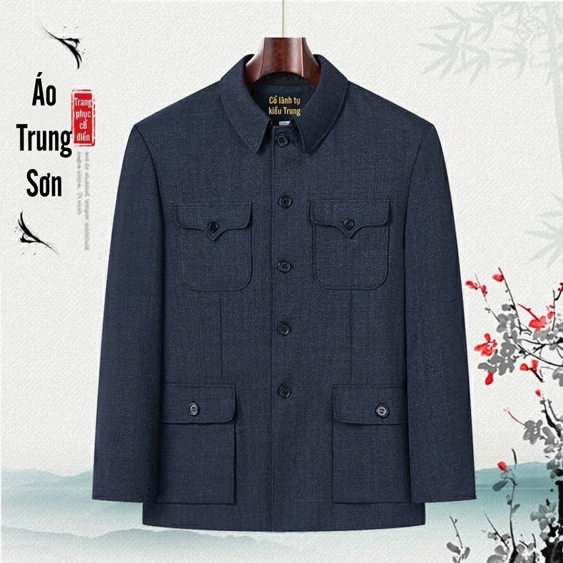 Bộ Quần Áo Nam Phong Cách Trung Hoa Trung Niên, Áo Khoác Thu Đông Cho Bố, Ông Vải Dệt Màu Xanh Navy chi tiết 1