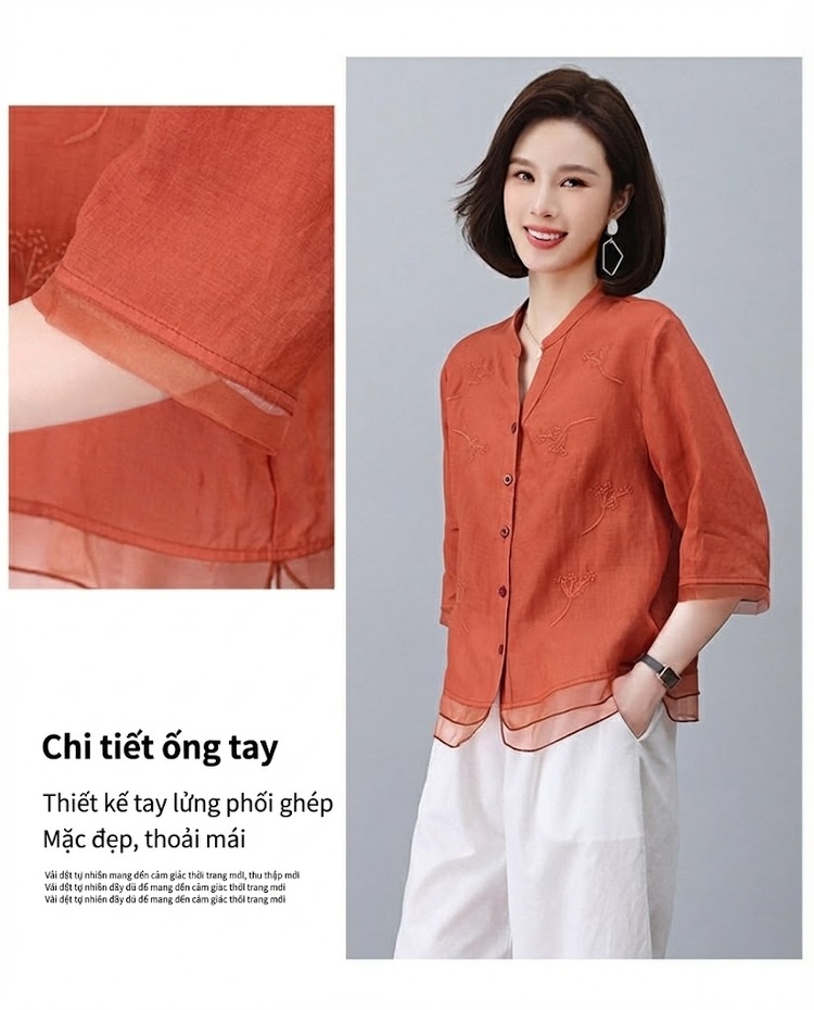Bộ Quần Áo Nữ Áo Sơ Mi và Quần Lửng Chất Liệu 苎麻 (Linen Ramie) Tay Lỡ Màu Cam, Trắng, Xanh Navy, Tím... chi tiết 6