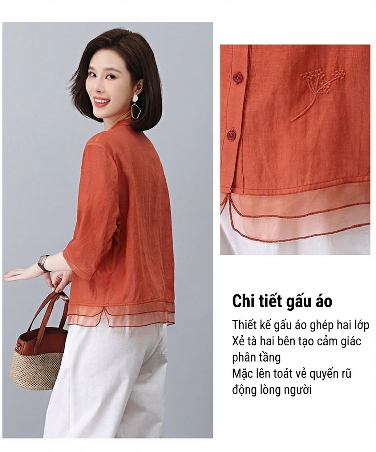 Bộ Quần Áo Nữ Áo Sơ Mi và Quần Lửng Chất Liệu 苎麻 (Linen Ramie) Tay Lỡ Màu Cam, Trắng, Xanh Navy, Tím... chi tiết 8