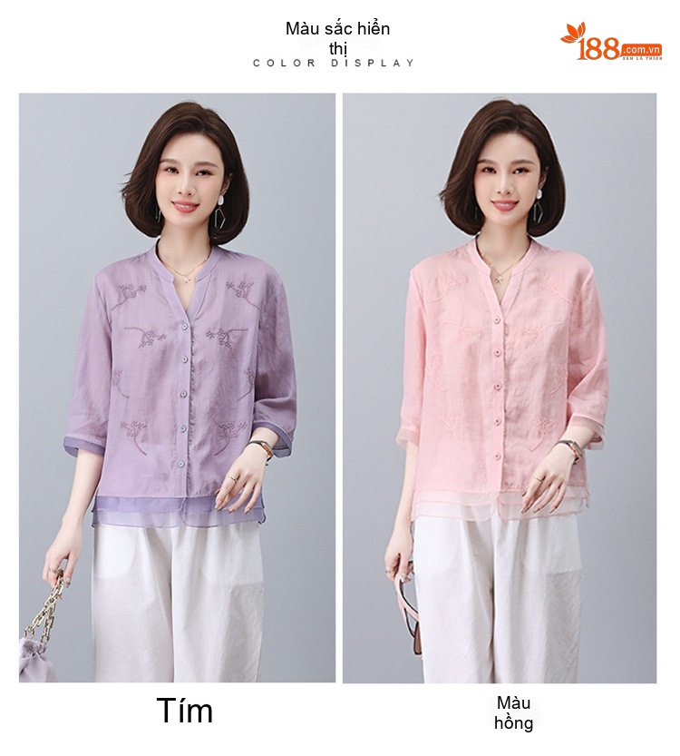 Bộ Quần Áo Nữ Áo Sơ Mi và Quần Lửng Chất Liệu 苎麻 (Linen Ramie) Tay Lỡ Màu Cam, Trắng, Xanh Navy, Tím... chi tiết 11