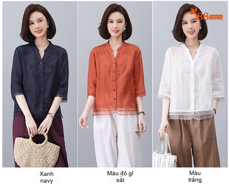 Bộ Quần Áo Nữ Áo Sơ Mi và Quần Lửng Chất Liệu 苎麻 (Linen Ramie) Tay Lỡ Màu Cam, Trắng, Xanh Navy, Tím... chi tiết 12
