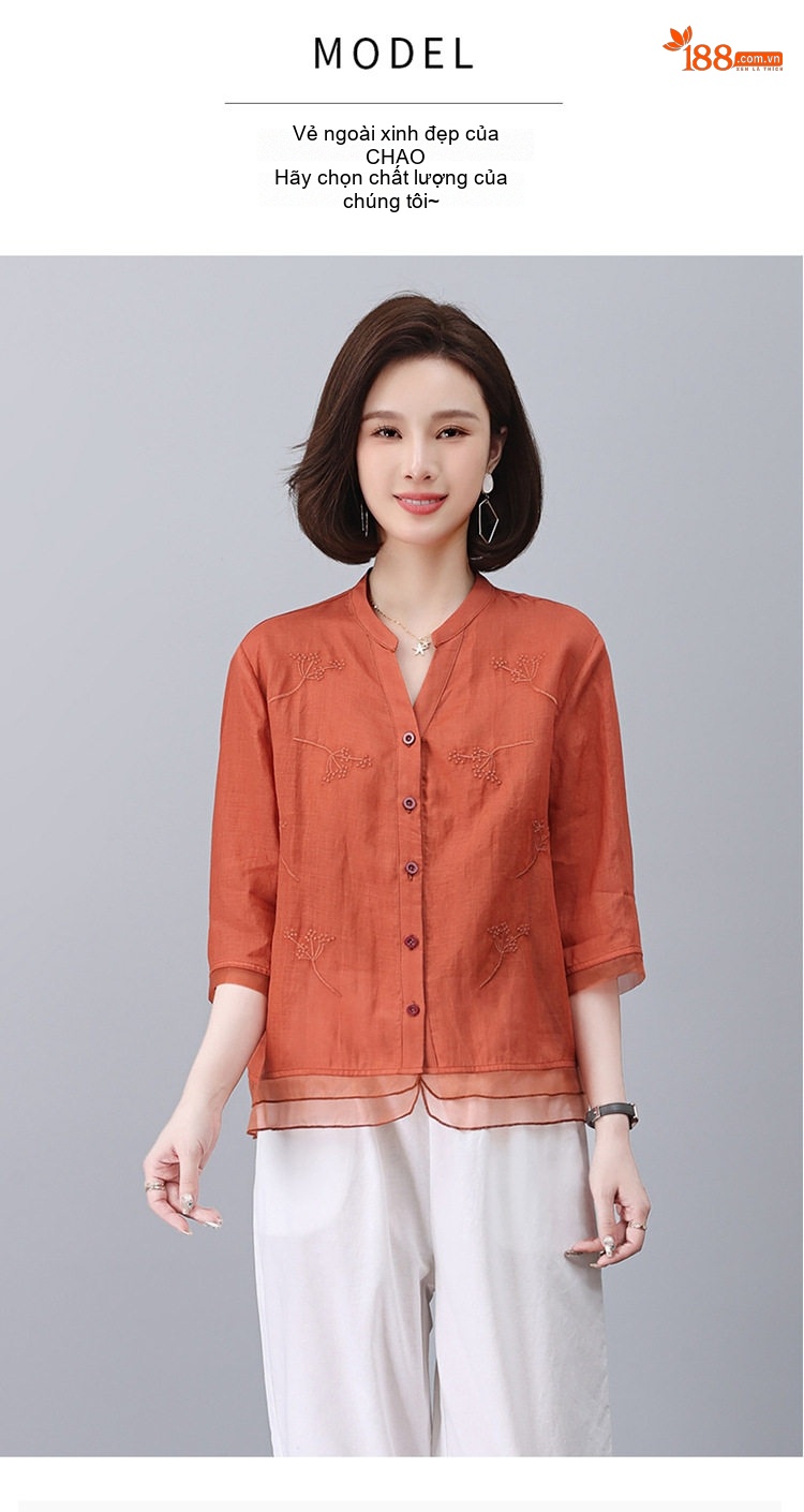Bộ Quần Áo Nữ Áo Sơ Mi và Quần Lửng Chất Liệu 苎麻 (Linen Ramie) Tay Lỡ Màu Cam, Trắng, Xanh Navy, Tím... chi tiết 13