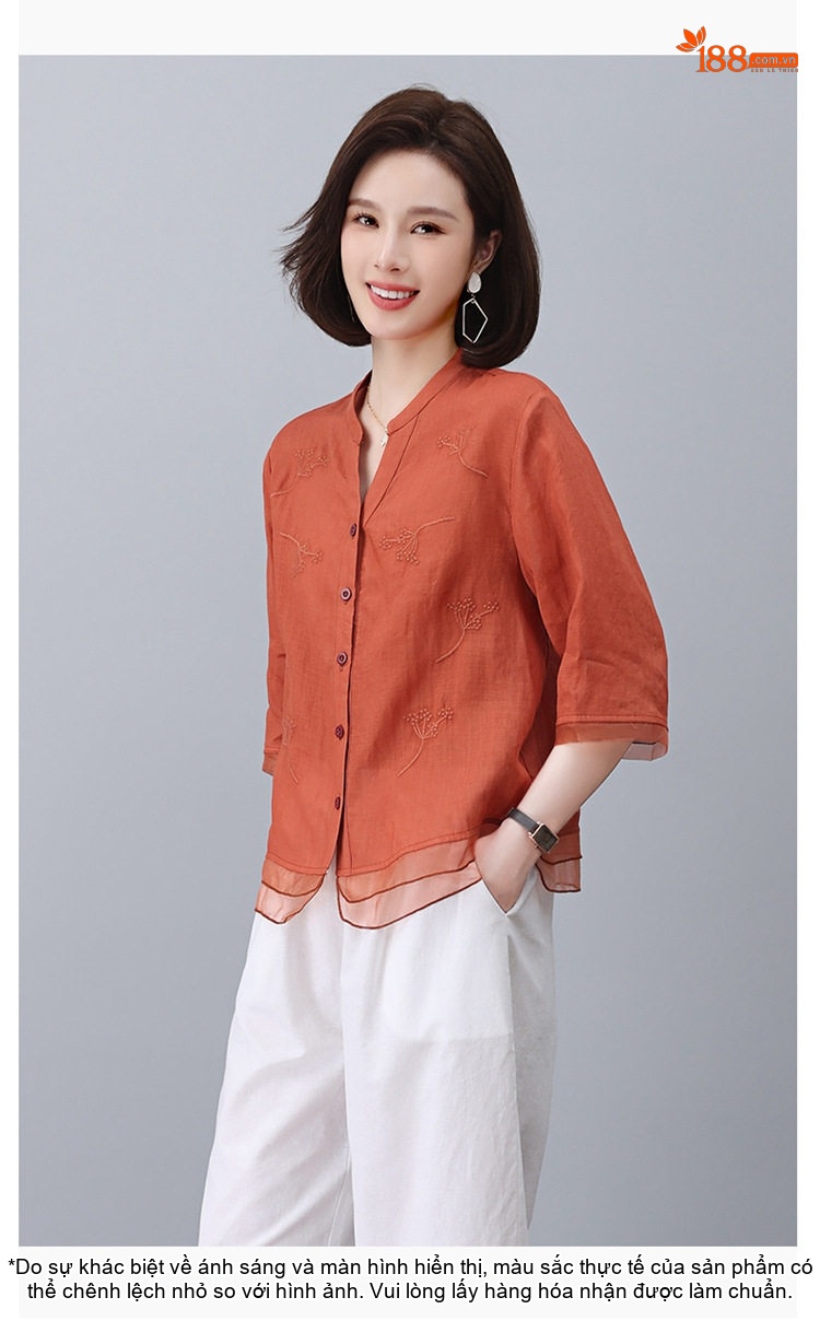 Bộ Quần Áo Nữ Áo Sơ Mi và Quần Lửng Chất Liệu 苎麻 (Linen Ramie) Tay Lỡ Màu Cam, Trắng, Xanh Navy, Tím... chi tiết 14