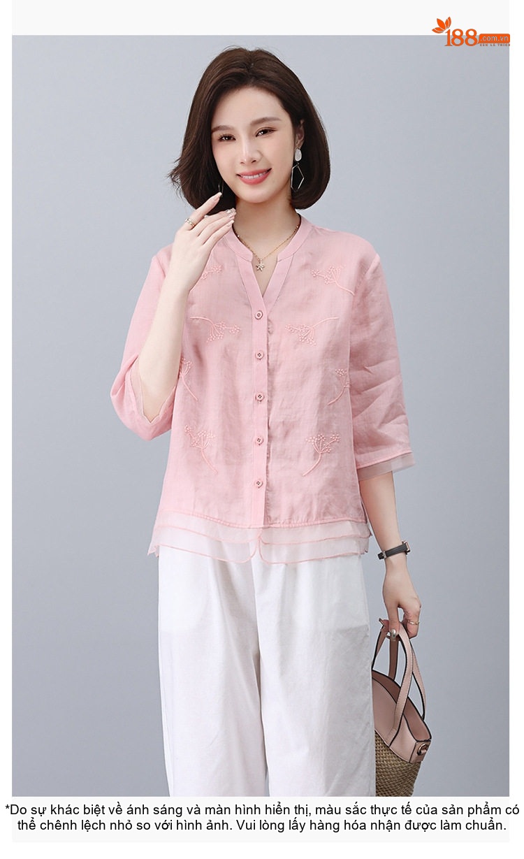 Bộ Quần Áo Nữ Áo Sơ Mi và Quần Lửng Chất Liệu 苎麻 (Linen Ramie) Tay Lỡ Màu Cam, Trắng, Xanh Navy, Tím... chi tiết 23
