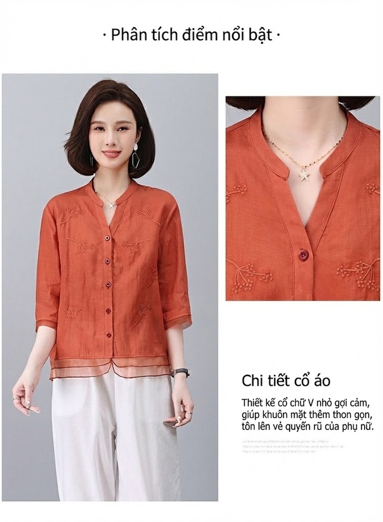 Bộ Quần Áo Nữ Áo Sơ Mi và Quần Lửng Chất Liệu 苎麻 (Linen Ramie) Tay Lỡ Màu Cam, Trắng, Xanh Navy, Tím... chi tiết 5