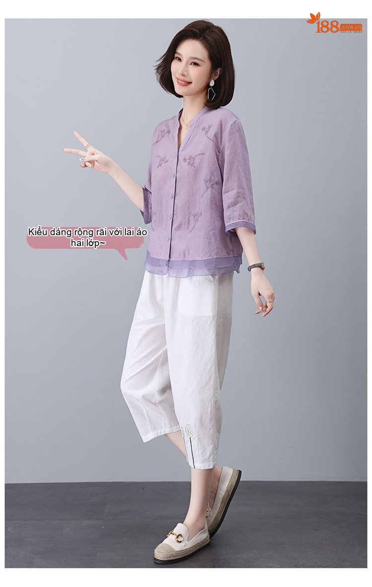 Bộ Quần Áo Nữ Áo Sơ Mi và Quần Lửng Chất Liệu 苎麻 (Linen Ramie) Tay Lỡ Màu Cam, Trắng, Xanh Navy, Tím... chi tiết 2