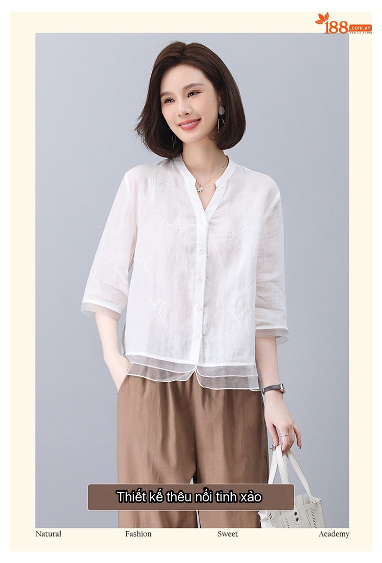 Bộ Quần Áo Nữ Áo Sơ Mi và Quần Lửng Chất Liệu 苎麻 (Linen Ramie) Tay Lỡ Màu Cam, Trắng, Xanh Navy, Tím... chi tiết 4
