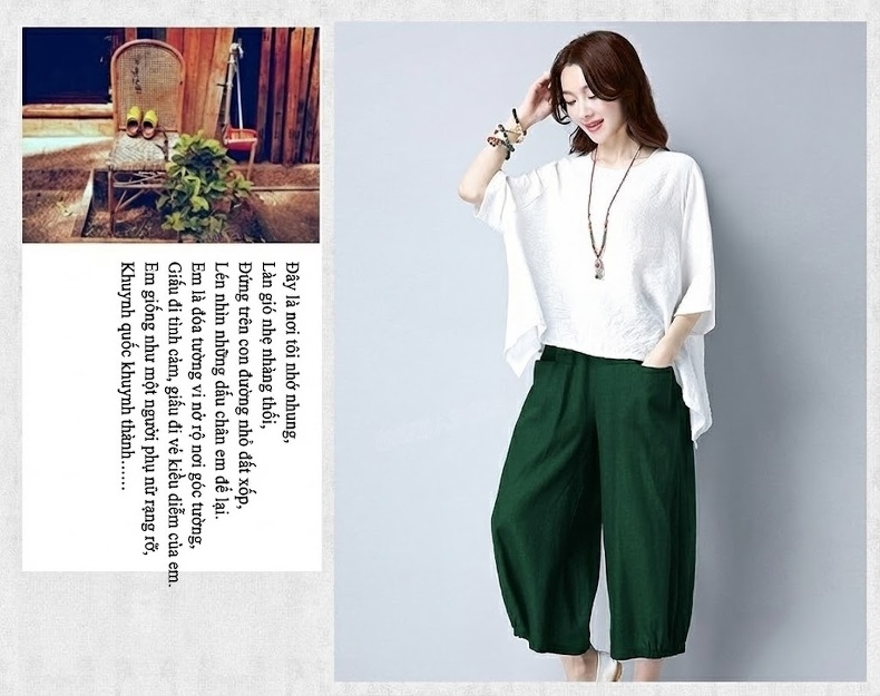 Bộ Quần Áo Nữ Cotton Linen Áo Kiểu Tay Lỡ Quần Ống Rộng Phong Cách Hàn Quốc Màu Đen, Đỏ Rượu Vang, Xanh Lá, Trắng chi tiết 19