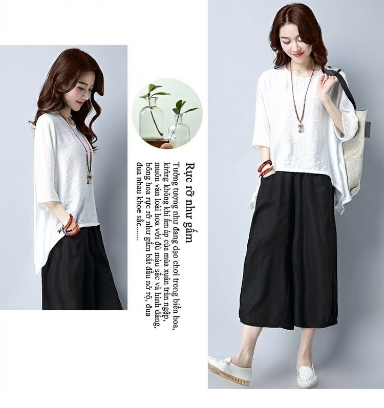 Bộ Quần Áo Nữ Cotton Linen Áo Kiểu Tay Lỡ Quần Ống Rộng Phong Cách Hàn Quốc Màu Đen, Đỏ Rượu Vang, Xanh Lá, Trắng chi tiết 22