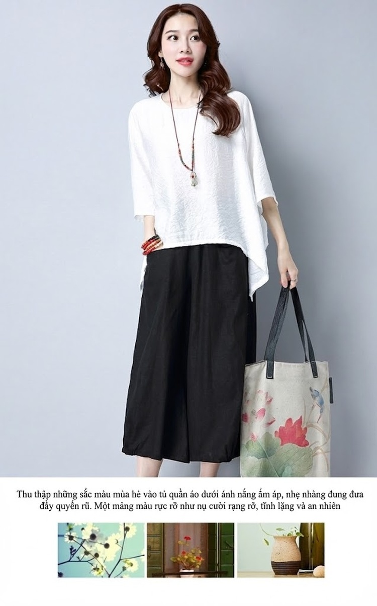 Bộ Quần Áo Nữ Cotton Linen Áo Kiểu Tay Lỡ Quần Ống Rộng Phong Cách Hàn Quốc Màu Đen, Đỏ Rượu Vang, Xanh Lá, Trắng chi tiết 23