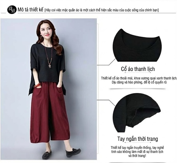 Bộ Quần Áo Nữ Cotton Linen Áo Kiểu Tay Lỡ Quần Ống Rộng Phong Cách Hàn Quốc Màu Đen, Đỏ Rượu Vang, Xanh Lá, Trắng chi tiết 5