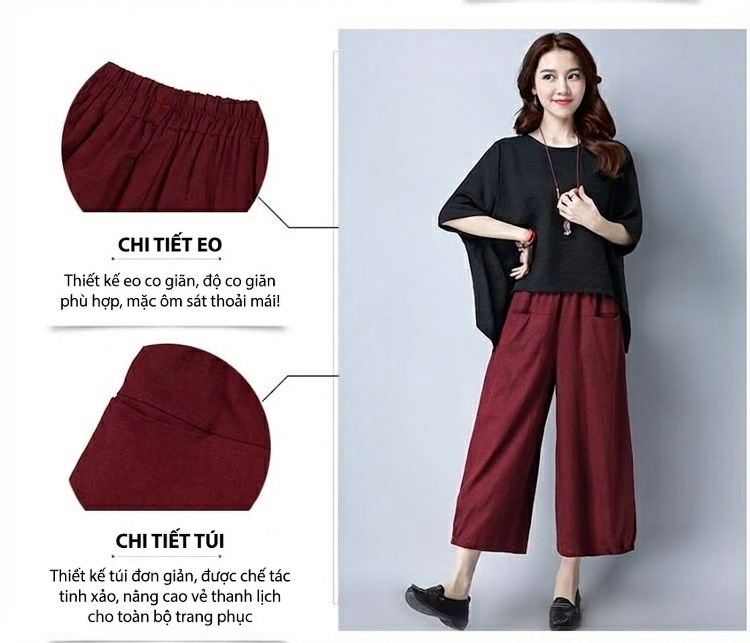 Bộ Quần Áo Nữ Cotton Linen Áo Kiểu Tay Lỡ Quần Ống Rộng Phong Cách Hàn Quốc Màu Đen, Đỏ Rượu Vang, Xanh Lá, Trắng chi tiết 6