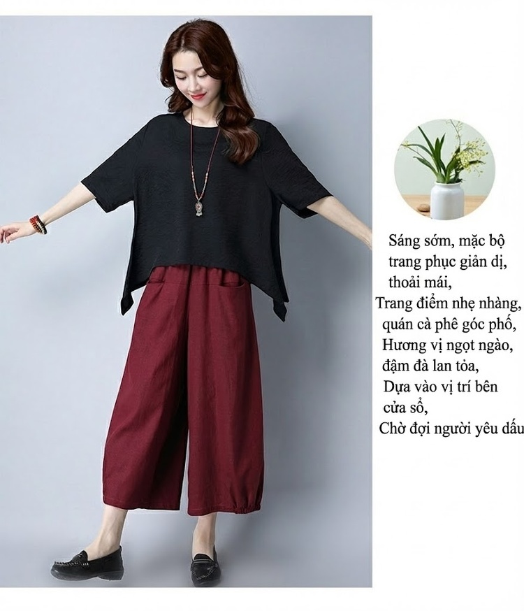 Bộ Quần Áo Nữ Cotton Linen Áo Kiểu Tay Lỡ Quần Ống Rộng Phong Cách Hàn Quốc Màu Đen, Đỏ Rượu Vang, Xanh Lá, Trắng chi tiết 27