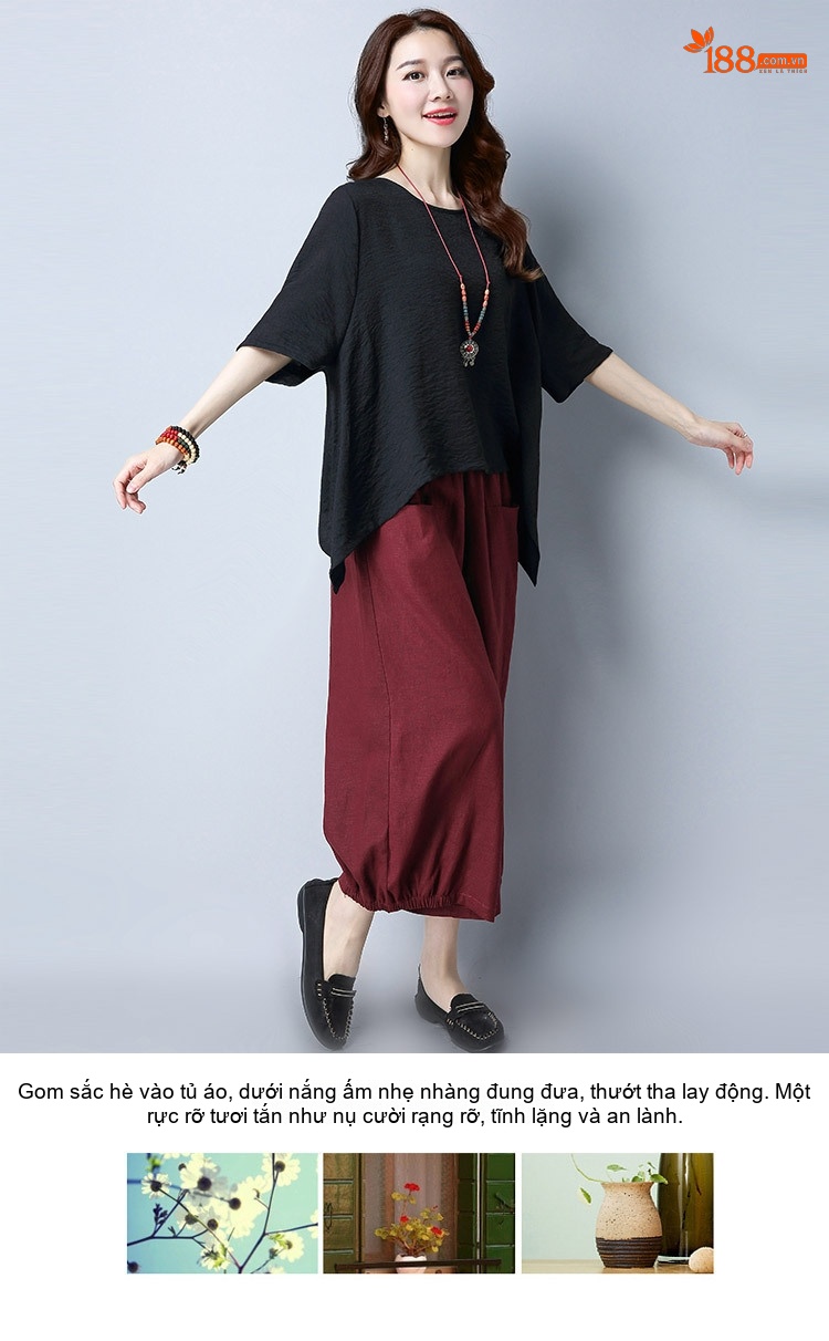 Bộ Quần Áo Nữ Cotton Linen Áo Kiểu Tay Lỡ Quần Ống Rộng Phong Cách Hàn Quốc Màu Đen, Đỏ Rượu Vang, Xanh Lá, Trắng chi tiết 28