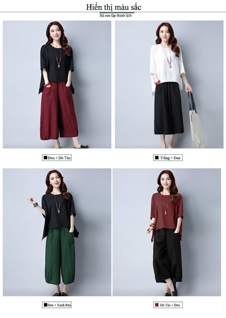 Bộ Quần Áo Nữ Cotton Linen Áo Kiểu Tay Lỡ Quần Ống Rộng Phong Cách Hàn Quốc Màu Đen, Đỏ Rượu Vang, Xanh Lá, Trắng chi tiết 8