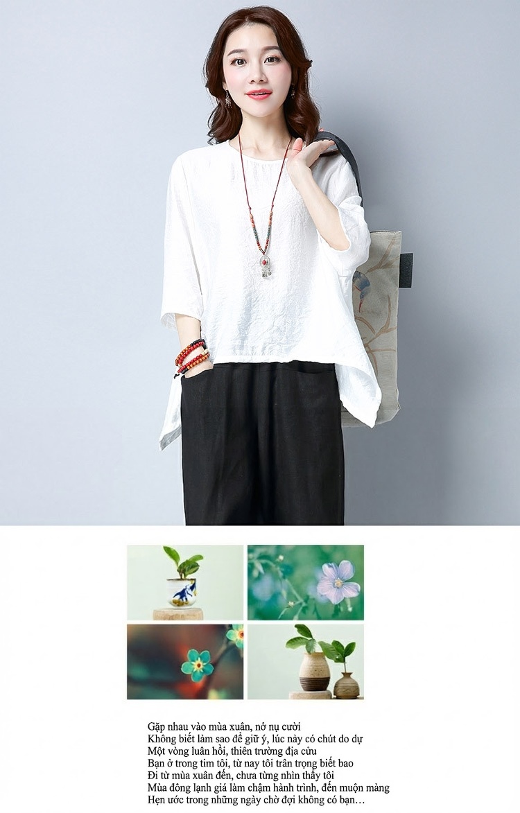 Bộ Quần Áo Nữ Cotton Linen Áo Kiểu Tay Lỡ Quần Ống Rộng Phong Cách Hàn Quốc Màu Đen, Đỏ Rượu Vang, Xanh Lá, Trắng chi tiết 10