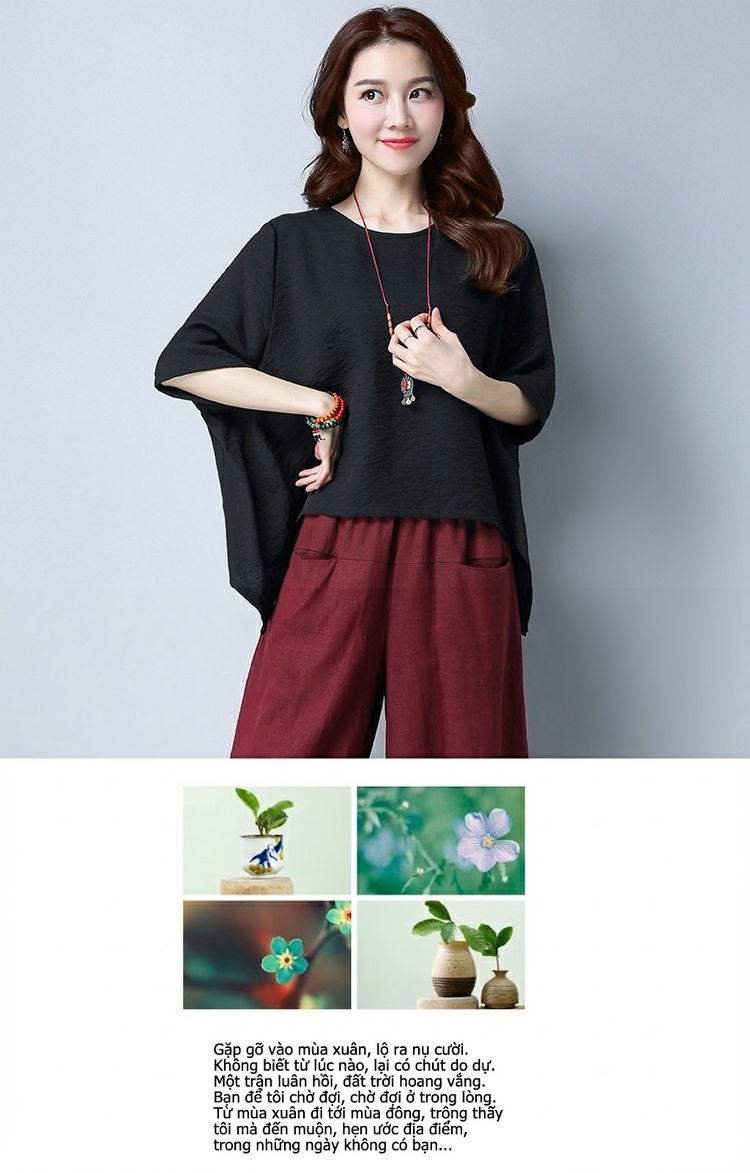 Bộ Quần Áo Nữ Cotton Linen Áo Kiểu Tay Lỡ Quần Ống Rộng Phong Cách Hàn Quốc Màu Đen, Đỏ Rượu Vang, Xanh Lá, Trắng chi tiết 26