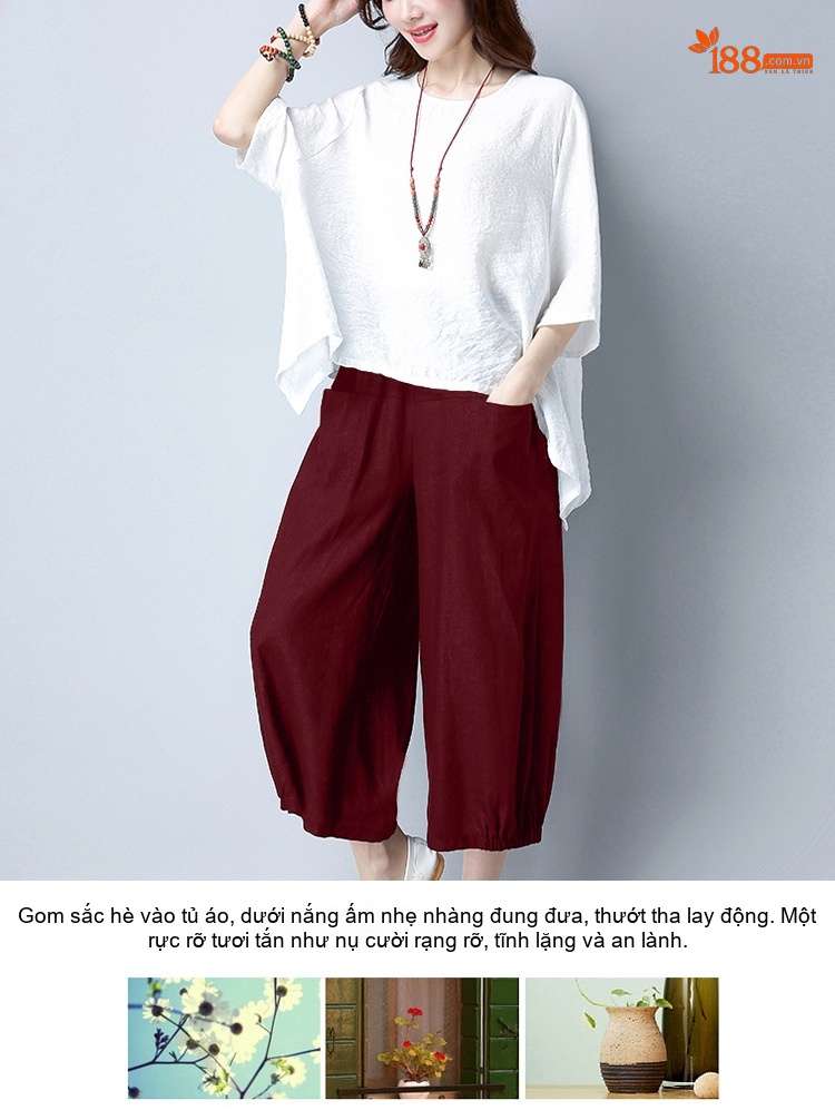 Bộ Quần Áo Nữ Cotton Linen Áo Kiểu Tay Lỡ Quần Ống Rộng Phong Cách Hàn Quốc Màu Đen, Đỏ Rượu Vang, Xanh Lá, Trắng chi tiết 13