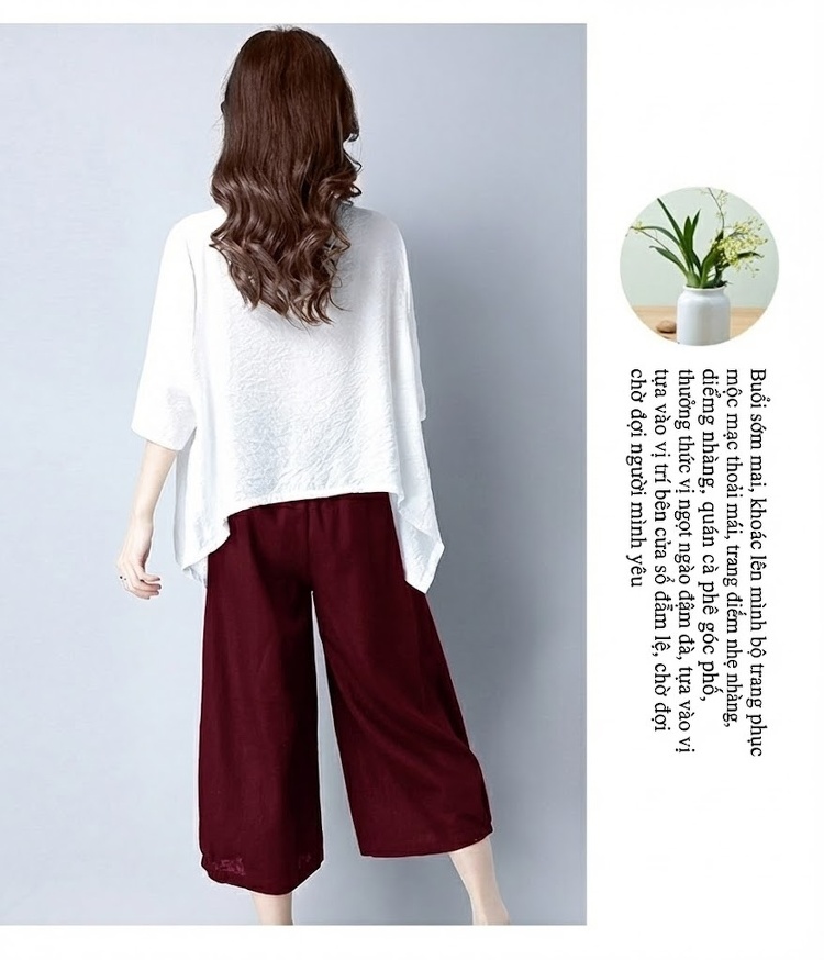 Bộ Quần Áo Nữ Cotton Linen Áo Kiểu Tay Lỡ Quần Ống Rộng Phong Cách Hàn Quốc Màu Đen, Đỏ Rượu Vang, Xanh Lá, Trắng chi tiết 14