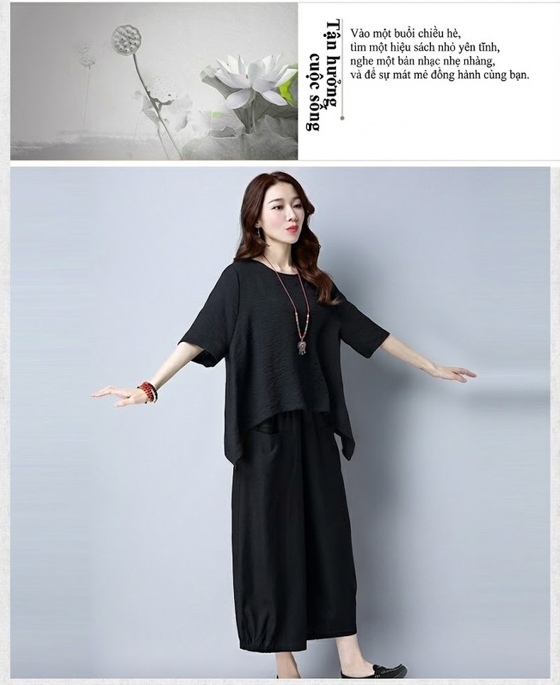 Bộ Quần Áo Nữ Cotton Linen Áo Kiểu Tay Lỡ Quần Ống Rộng Phong Cách Hàn Quốc Màu Đen, Đỏ Rượu Vang, Xanh Lá, Trắng chi tiết 15