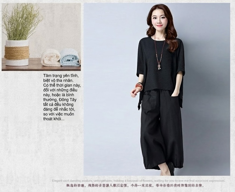 Bộ Quần Áo Nữ Cotton Linen Áo Kiểu Tay Lỡ Quần Ống Rộng Phong Cách Hàn Quốc Màu Đen, Đỏ Rượu Vang, Xanh Lá, Trắng chi tiết 16
