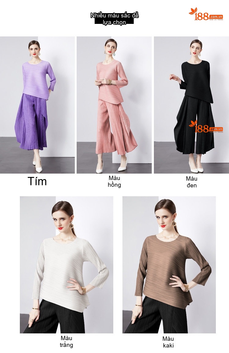Bộ Quần Áo Nữ Dài Tay Cổ Tròn Dáng Rộng, Quần Dài Lệch Tầng Màu Tím, Hồng, Đen chi tiết 2