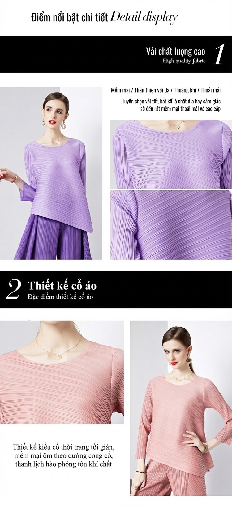 Bộ Quần Áo Nữ Dài Tay Cổ Tròn Dáng Rộng, Quần Dài Lệch Tầng Màu Tím, Hồng, Đen chi tiết 7