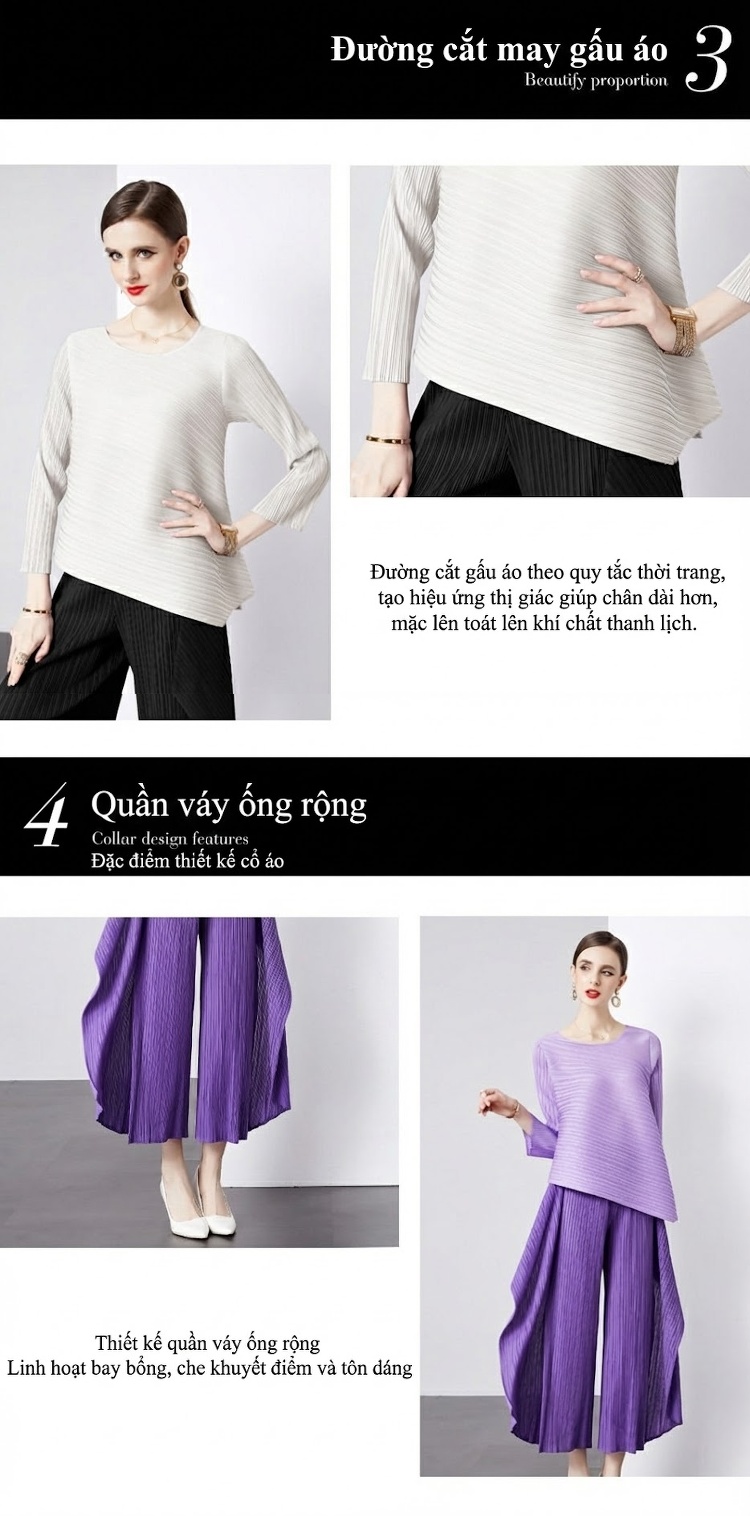 Bộ Quần Áo Nữ Dài Tay Cổ Tròn Dáng Rộng, Quần Dài Lệch Tầng Màu Tím, Hồng, Đen chi tiết 8