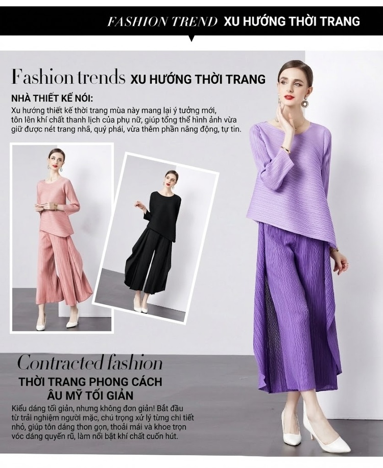 Bộ Quần Áo Nữ Dài Tay Cổ Tròn Dáng Rộng, Quần Dài Lệch Tầng Màu Tím, Hồng, Đen chi tiết 5
