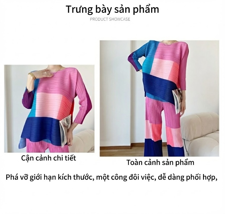 Bộ Quần Áo Nữ Dệt Kim Pleated Màu Xanh Dương, Tím, Hồng, Vàng... chi tiết 2