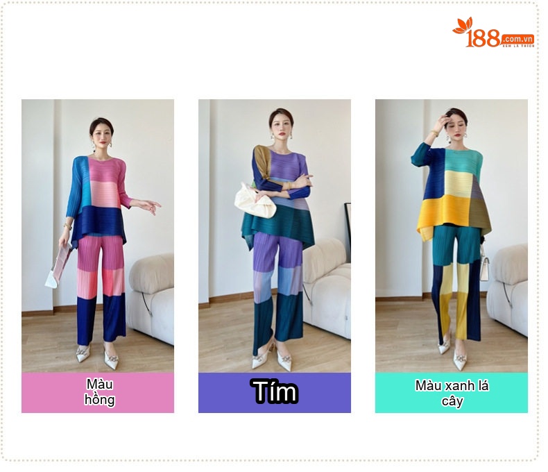Bộ Quần Áo Nữ Dệt Kim Pleated Màu Xanh Dương, Tím, Hồng, Vàng... chi tiết 3