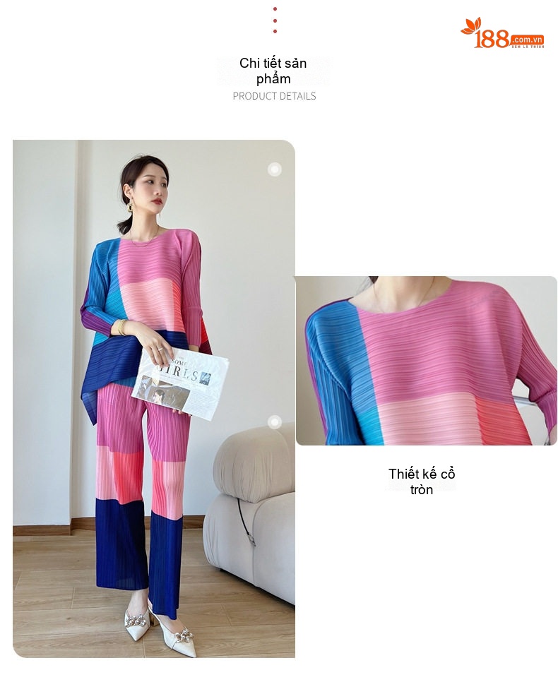 Bộ Quần Áo Nữ Dệt Kim Pleated Màu Xanh Dương, Tím, Hồng, Vàng... chi tiết 4