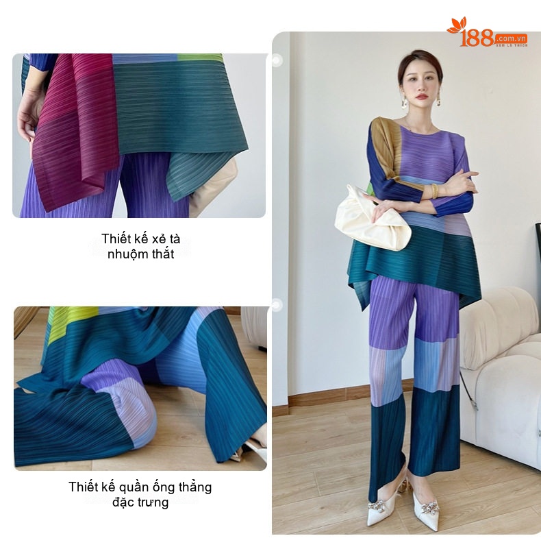 Bộ Quần Áo Nữ Dệt Kim Pleated Màu Xanh Dương, Tím, Hồng, Vàng... chi tiết 5