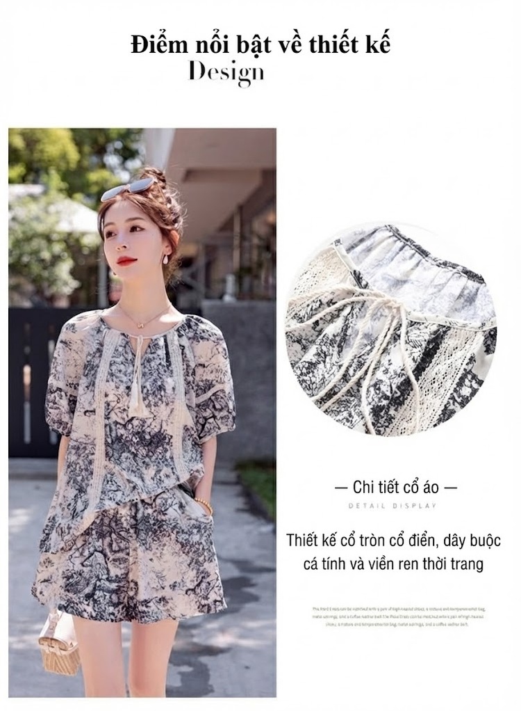 Bộ Quần Áo Nữ In Họa Tiết Phong Cách Quốc Dân Cổ Điển, Thiết Kế Rộng Thoải Mái Màu Trắng, Xám chi tiết 6