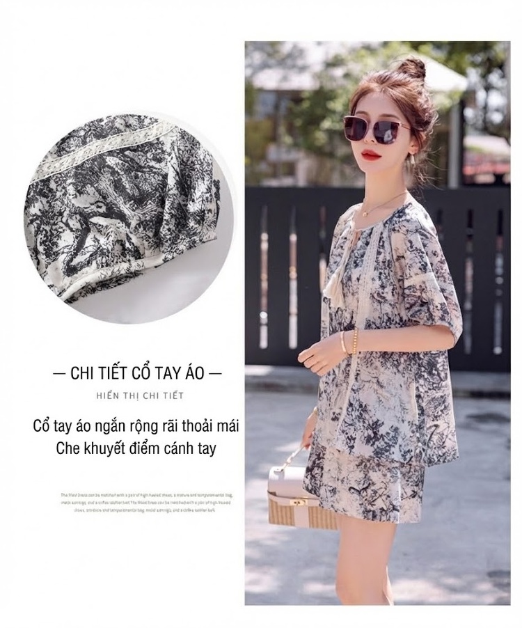Bộ Quần Áo Nữ In Họa Tiết Phong Cách Quốc Dân Cổ Điển, Thiết Kế Rộng Thoải Mái Màu Trắng, Xám chi tiết 7