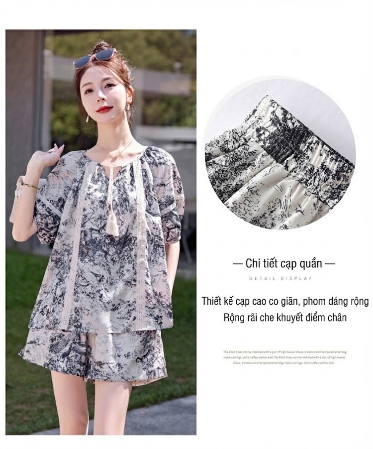Bộ Quần Áo Nữ In Họa Tiết Phong Cách Quốc Dân Cổ Điển, Thiết Kế Rộng Thoải Mái Màu Trắng, Xám chi tiết 8