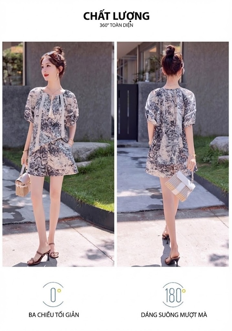 Bộ Quần Áo Nữ In Họa Tiết Phong Cách Quốc Dân Cổ Điển, Thiết Kế Rộng Thoải Mái Màu Trắng, Xám chi tiết 9