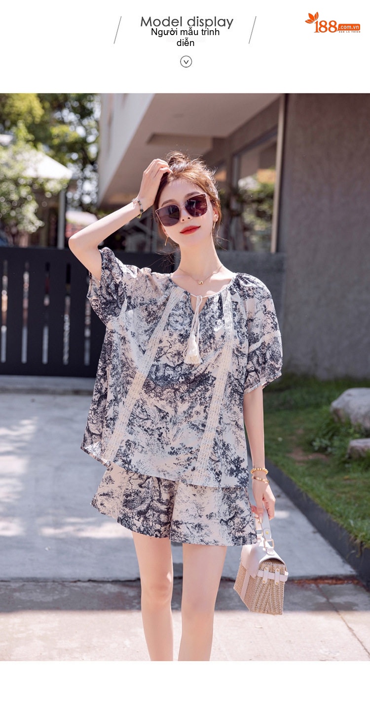 Bộ Quần Áo Nữ In Họa Tiết Phong Cách Quốc Dân Cổ Điển, Thiết Kế Rộng Thoải Mái Màu Trắng, Xám chi tiết 13
