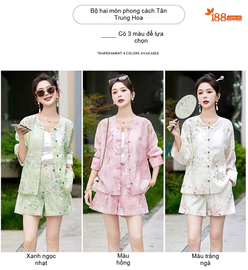 Bộ Quần Áo Nữ Phong Cách Trung Hoa Áo Khoác Quần Short Set Trang Phục Hàng Ngày Màu Hồng, Trắng, Xanh chi tiết 2