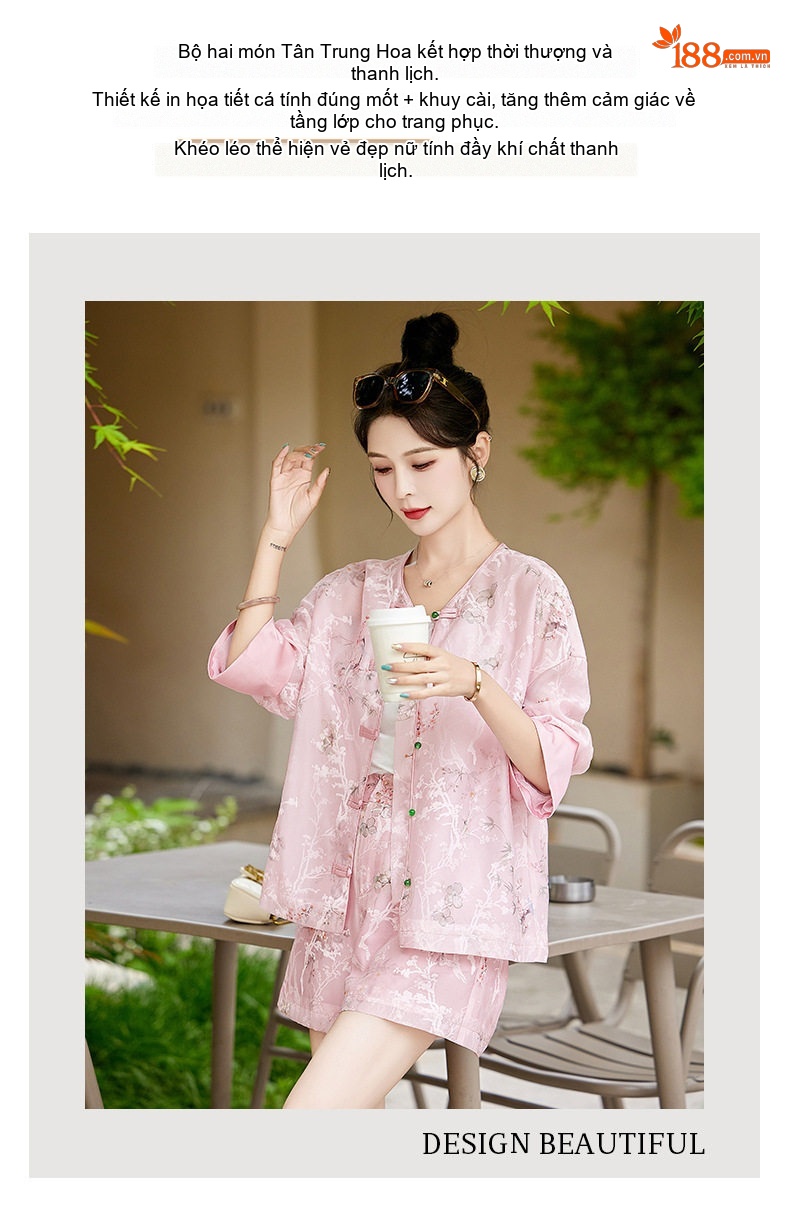 Bộ Quần Áo Nữ Phong Cách Trung Hoa Áo Khoác Quần Short Set Trang Phục Hàng Ngày Màu Hồng, Trắng, Xanh chi tiết 3