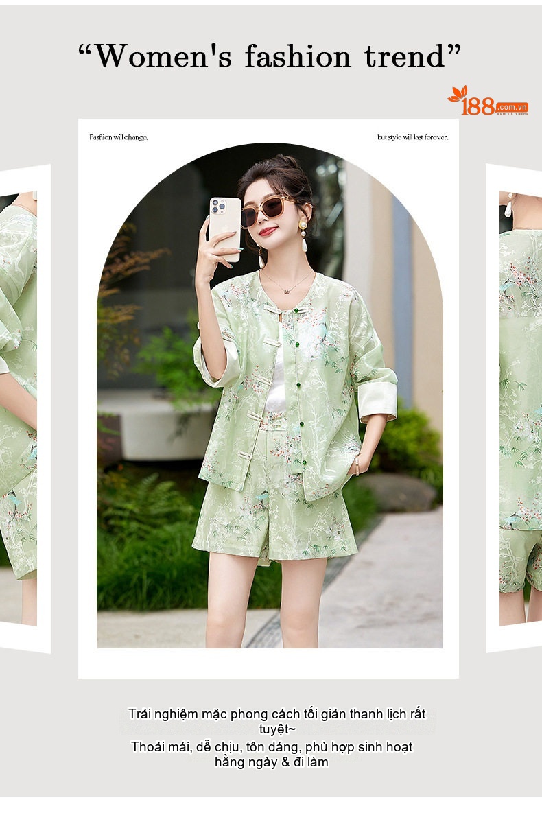 Bộ Quần Áo Nữ Phong Cách Trung Hoa Áo Khoác Quần Short Set Trang Phục Hàng Ngày Màu Hồng, Trắng, Xanh chi tiết 4