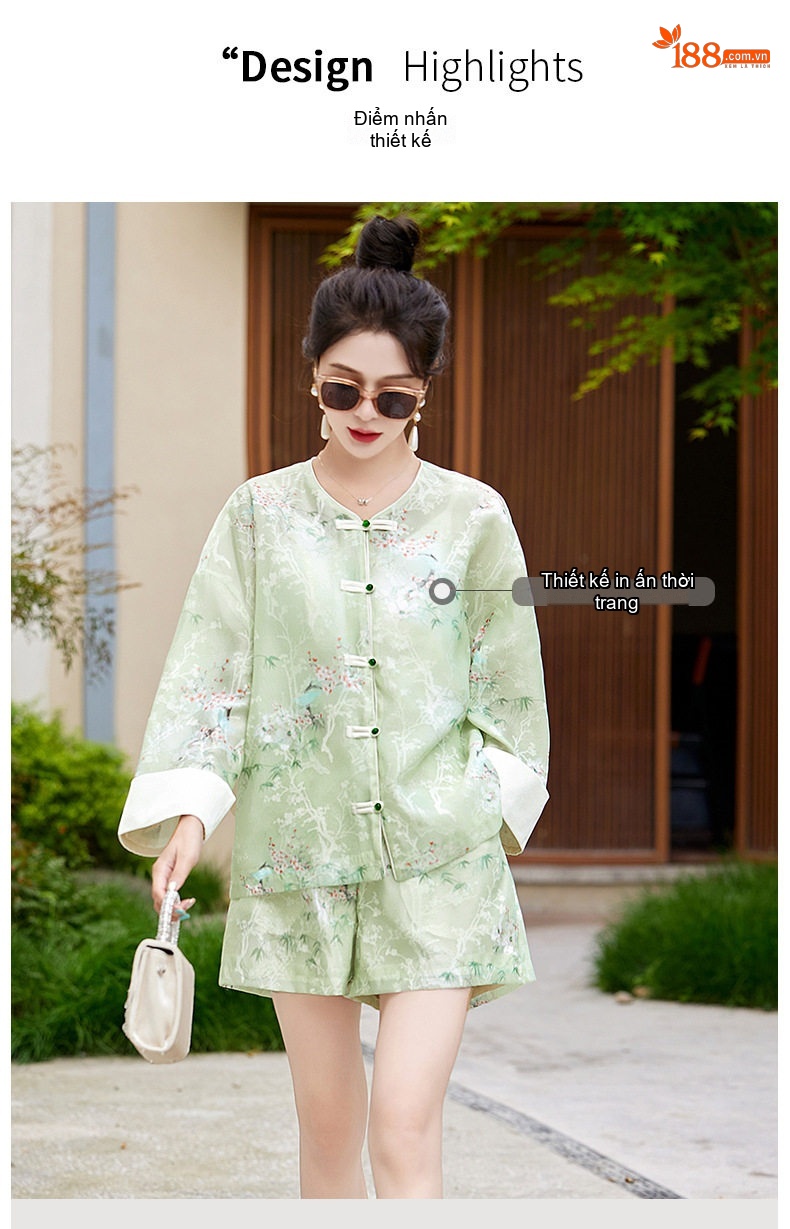 Bộ Quần Áo Nữ Phong Cách Trung Hoa Áo Khoác Quần Short Set Trang Phục Hàng Ngày Màu Hồng, Trắng, Xanh chi tiết 6