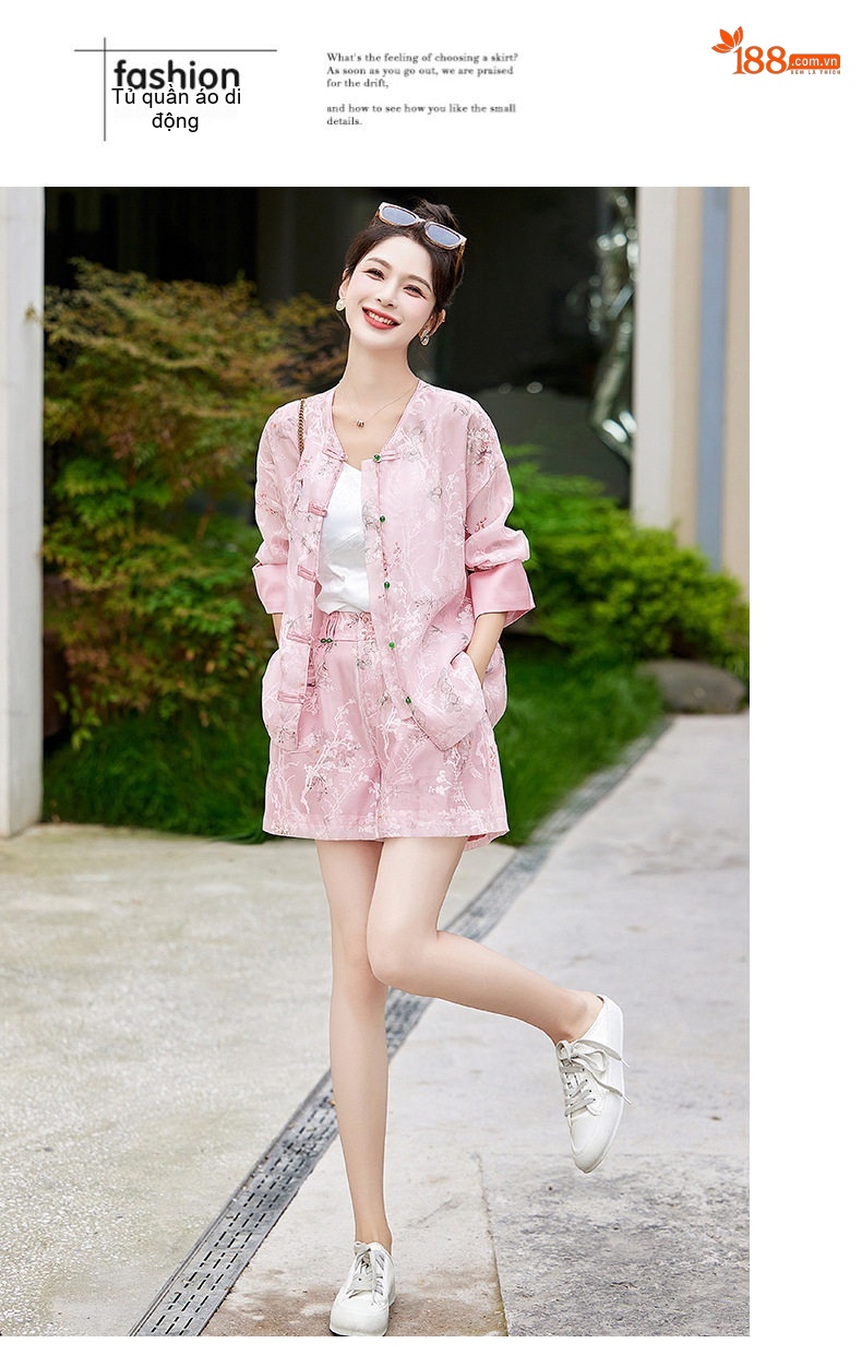 Bộ Quần Áo Nữ Phong Cách Trung Hoa Áo Khoác Quần Short Set Trang Phục Hàng Ngày Màu Hồng, Trắng, Xanh chi tiết 19