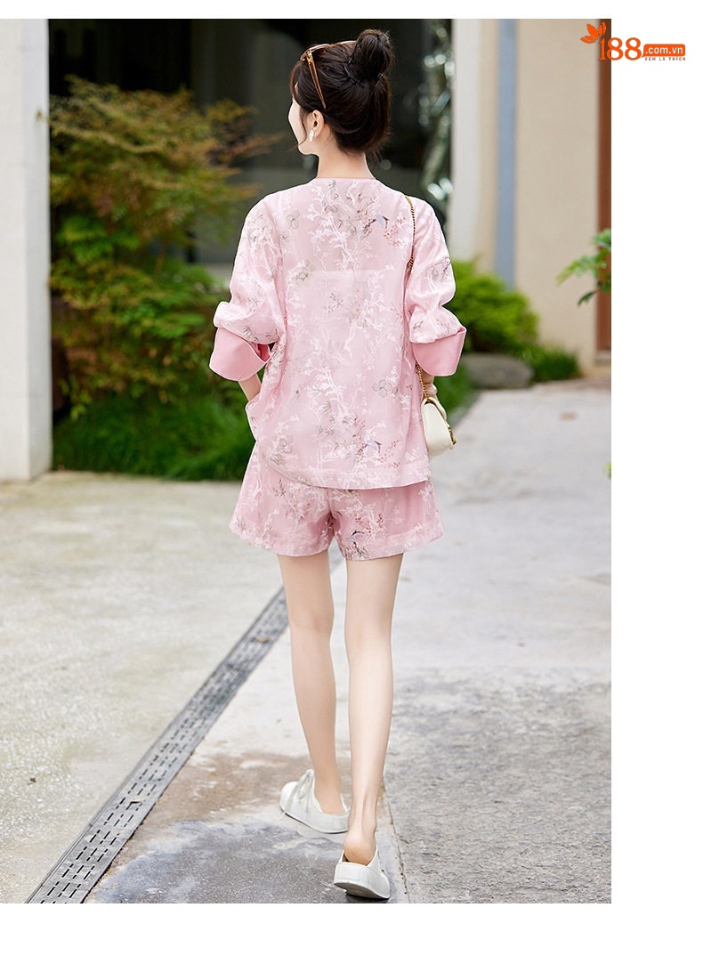 Bộ Quần Áo Nữ Phong Cách Trung Hoa Áo Khoác Quần Short Set Trang Phục Hàng Ngày Màu Hồng, Trắng, Xanh chi tiết 24