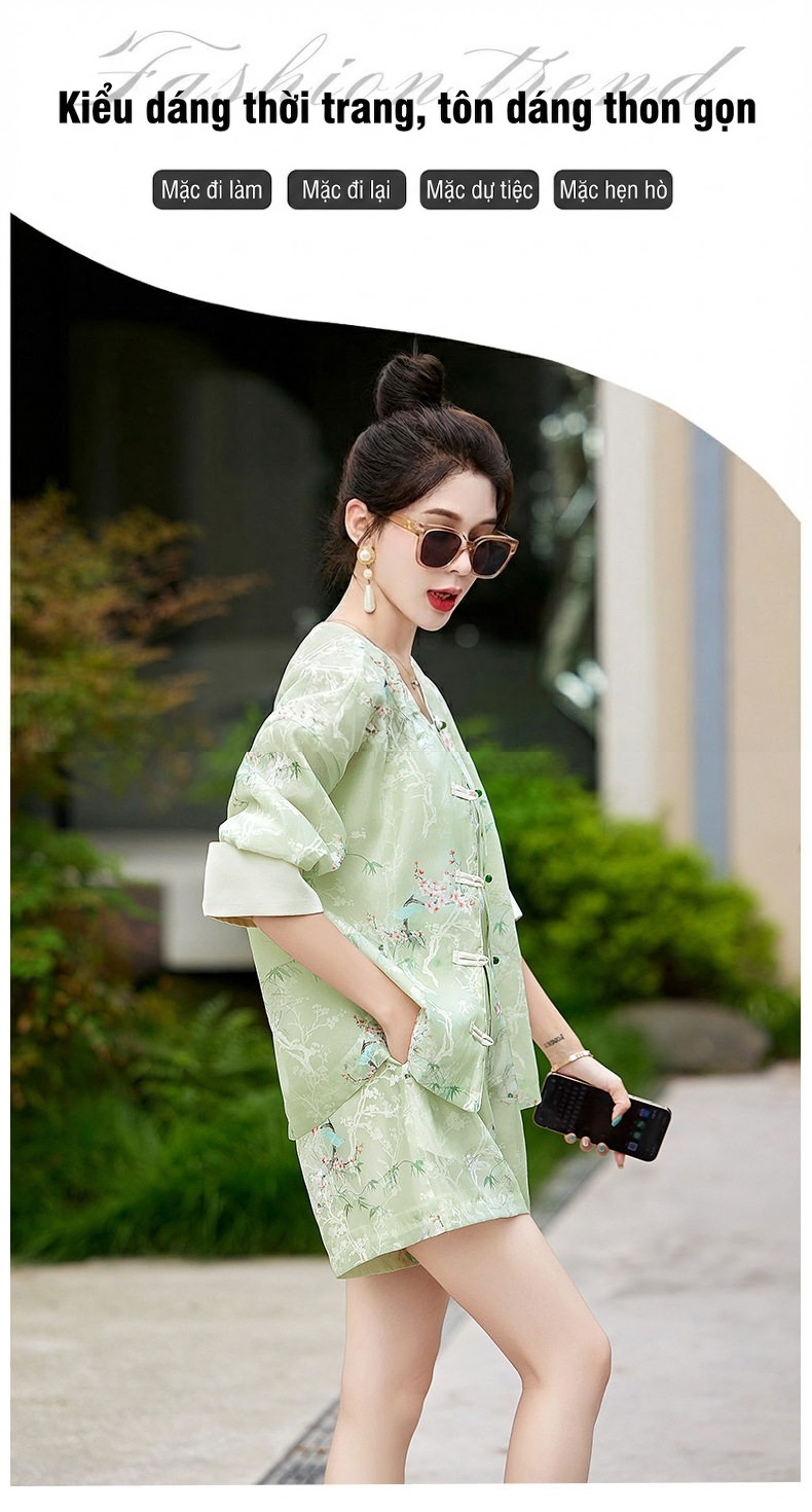 Bộ Quần Áo Nữ Phong Cách Trung Hoa Áo Khoác Quần Short Set Trang Phục Hàng Ngày Màu Hồng, Trắng, Xanh chi tiết 5