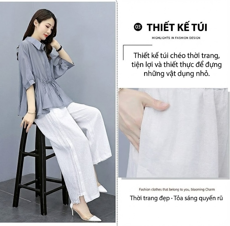 Bộ Quần Áo Nữ Thiên Sứ Quần Ống Rộng Cotton Lanh Phong Cách Thời Trang Màu Xám, Xanh Lá, Nâu, Trắng chi tiết 13