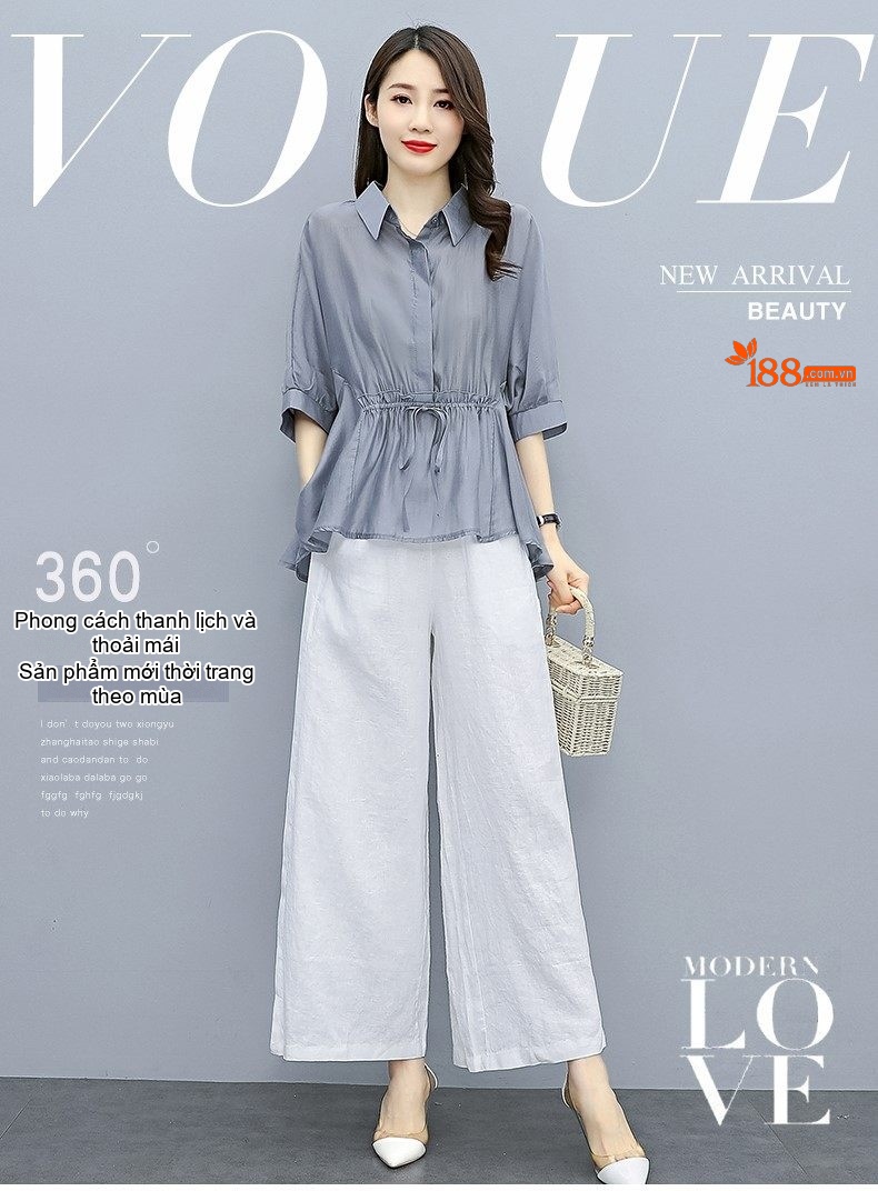 Bộ Quần Áo Nữ Thiên Sứ Quần Ống Rộng Cotton Lanh Phong Cách Thời Trang Màu Xám, Xanh Lá, Nâu, Trắng chi tiết 2