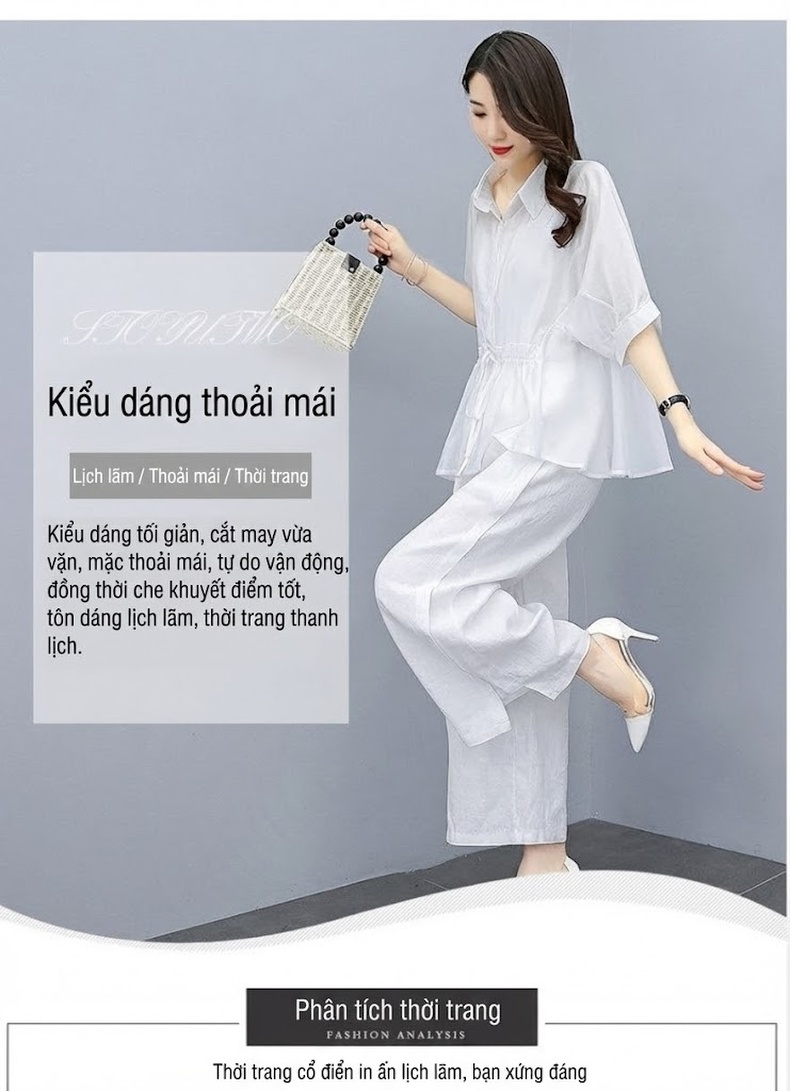 Bộ Quần Áo Nữ Thiên Sứ Quần Ống Rộng Cotton Lanh Phong Cách Thời Trang Màu Xám, Xanh Lá, Nâu, Trắng chi tiết 3