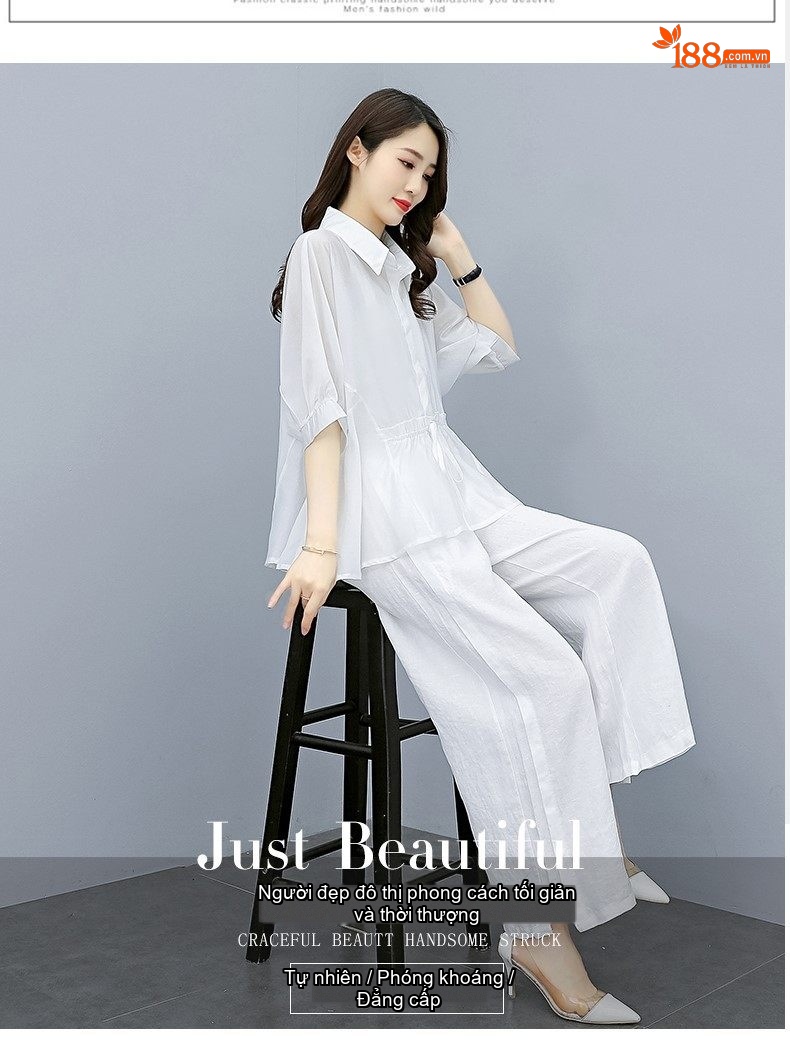 Bộ Quần Áo Nữ Thiên Sứ Quần Ống Rộng Cotton Lanh Phong Cách Thời Trang Màu Xám, Xanh Lá, Nâu, Trắng chi tiết 4